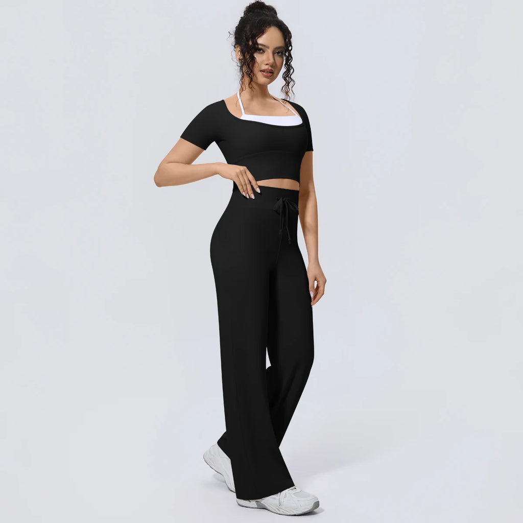 Wholesale Halter Neck Yoga Set Women Short Sleeve Sports Top Padded Naked Feeling Wide Leg Pants Fitness Set