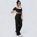 Wholesale Halter Neck Yoga Set Women Short Sleeve Sports Top Padded Naked Feeling Wide Leg Pants Fitness Set