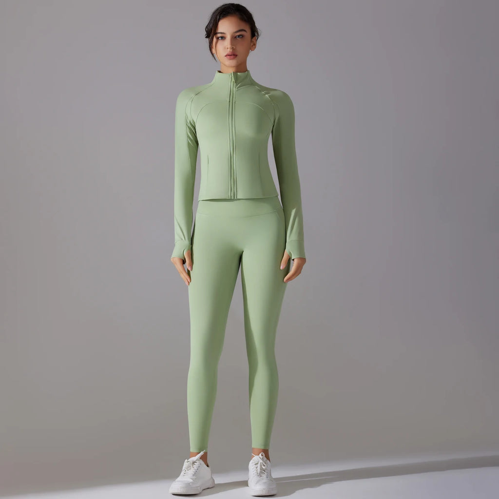 High Quality Women's Quick Dry Yoga Sports Suit Fashionable Slim Gym Fitness Zipper Track Leggings Breathable Lightweight Jacket
