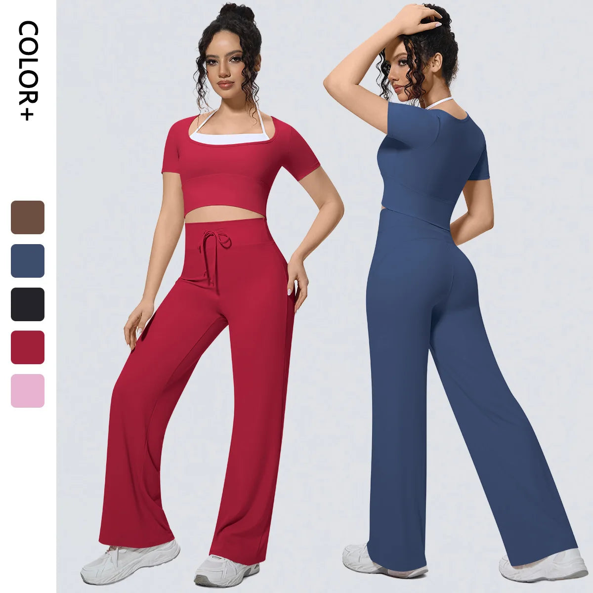 Wholesale Halter Neck Yoga Set Women Short Sleeve Sports Top Padded Naked Feeling Wide Leg Pants Fitness Set Imagen principal del producto