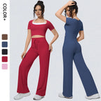 Wholesale Halter Neck Yoga Set Women Short Sleeve Sports Top Padded Naked Feeling Wide Leg Pants Fitness Set