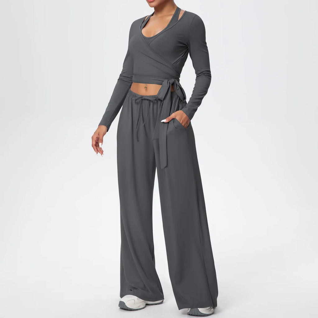 Women Yoga 3 Piece Set Halter Crop Top Wide Leg Pants Long Sleeve Top Activewear Workout Outfits Lounge Sports Gym Clothing
