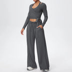 Women Yoga 3 Piece Set Halter Crop Top Wide Leg Pants Long Sleeve Top Activewear Workout Outfits Lounge Sports Gym Clothing