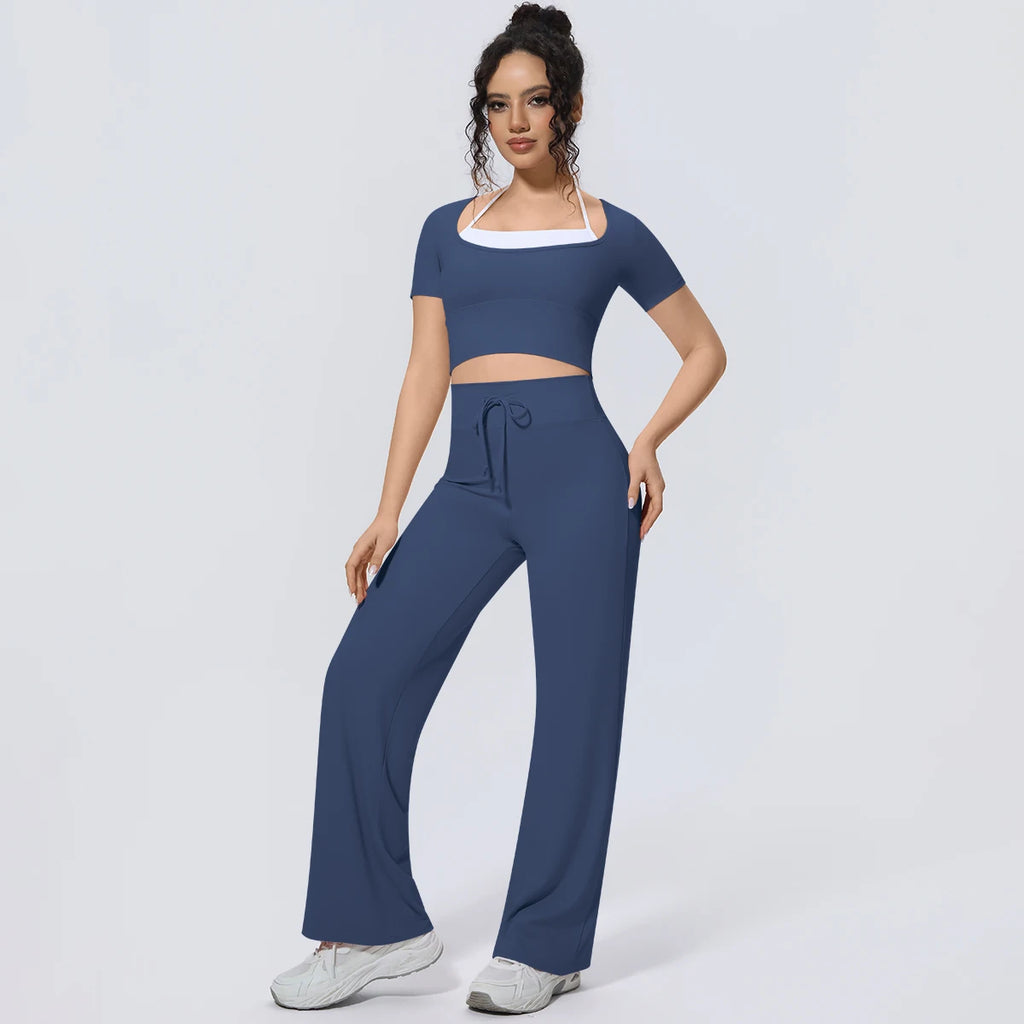 Wholesale Halter Neck Yoga Set Women Short Sleeve Sports Top Padded Naked Feeling Wide Leg Pants Fitness Set