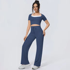 Wholesale Halter Neck Yoga Set Women Short Sleeve Sports Top Padded Naked Feeling Wide Leg Pants Fitness Set