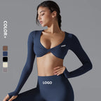 Custom Logo Yoga Short Long Sleeve Crop Tank Women Running Fitness Yoga Wear Top Sports Bra