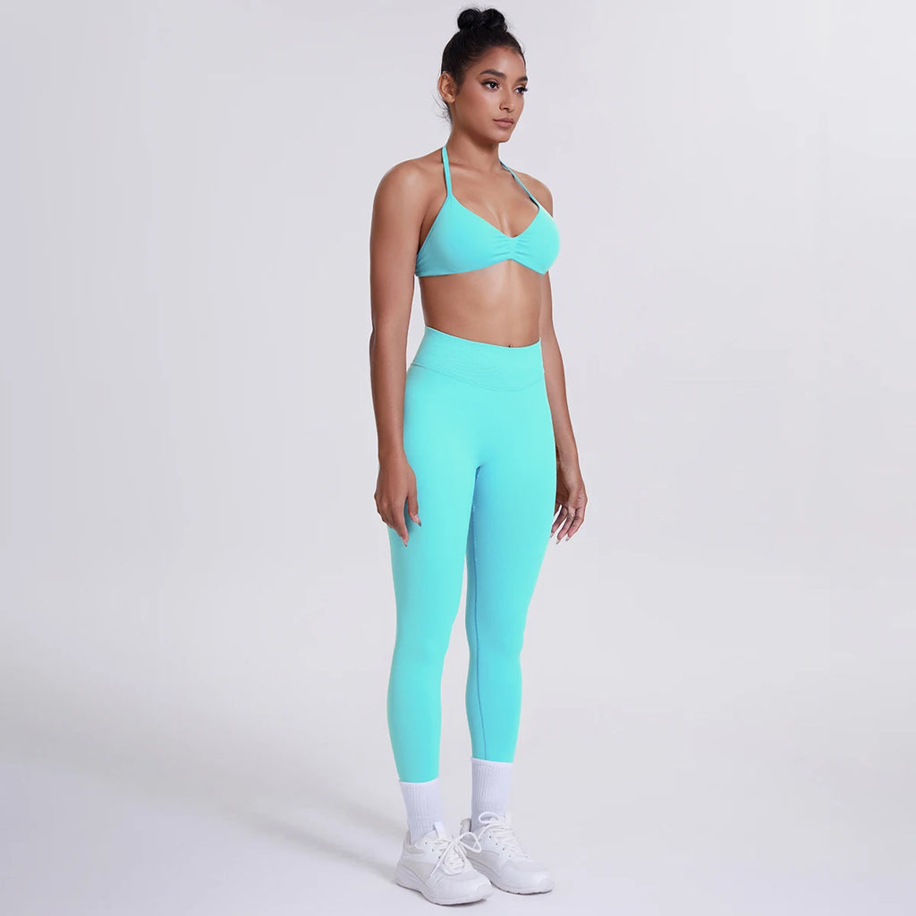 Women's Custom Front Logo Sports Bra Workout Leggings Set High Elastic Gym Fitness Seamless Breathable Eco-Friendly Lightweight