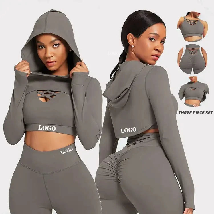 Custom Logo Women 3 Pieces Gym Training Set Power Flex Polyester Workout Suit Yoga Fitness Sport Active Wear Imagen principal del producto