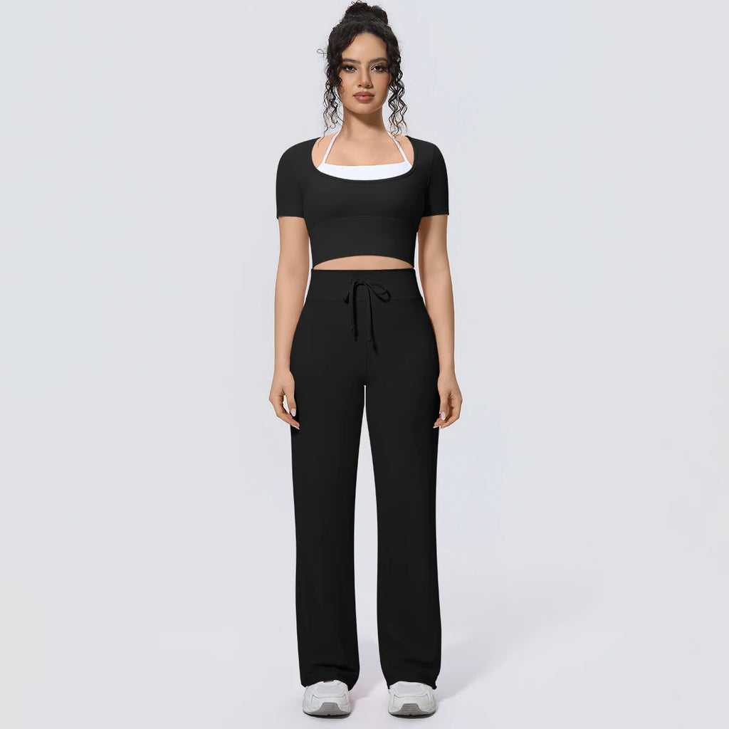 Wholesale Halter Neck Yoga Set Women Short Sleeve Sports Top Padded Naked Feeling Wide Leg Pants Fitness Set