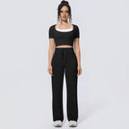 Wholesale Halter Neck Yoga Set Women Short Sleeve Sports Top Padded Naked Feeling Wide Leg Pants Fitness Set
