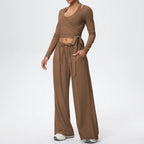 Women Yoga 3 Piece Set Halter Crop Top Wide Leg Pants Long Sleeve Top Activewear Workout Outfits Lounge Sports Gym Clothing
