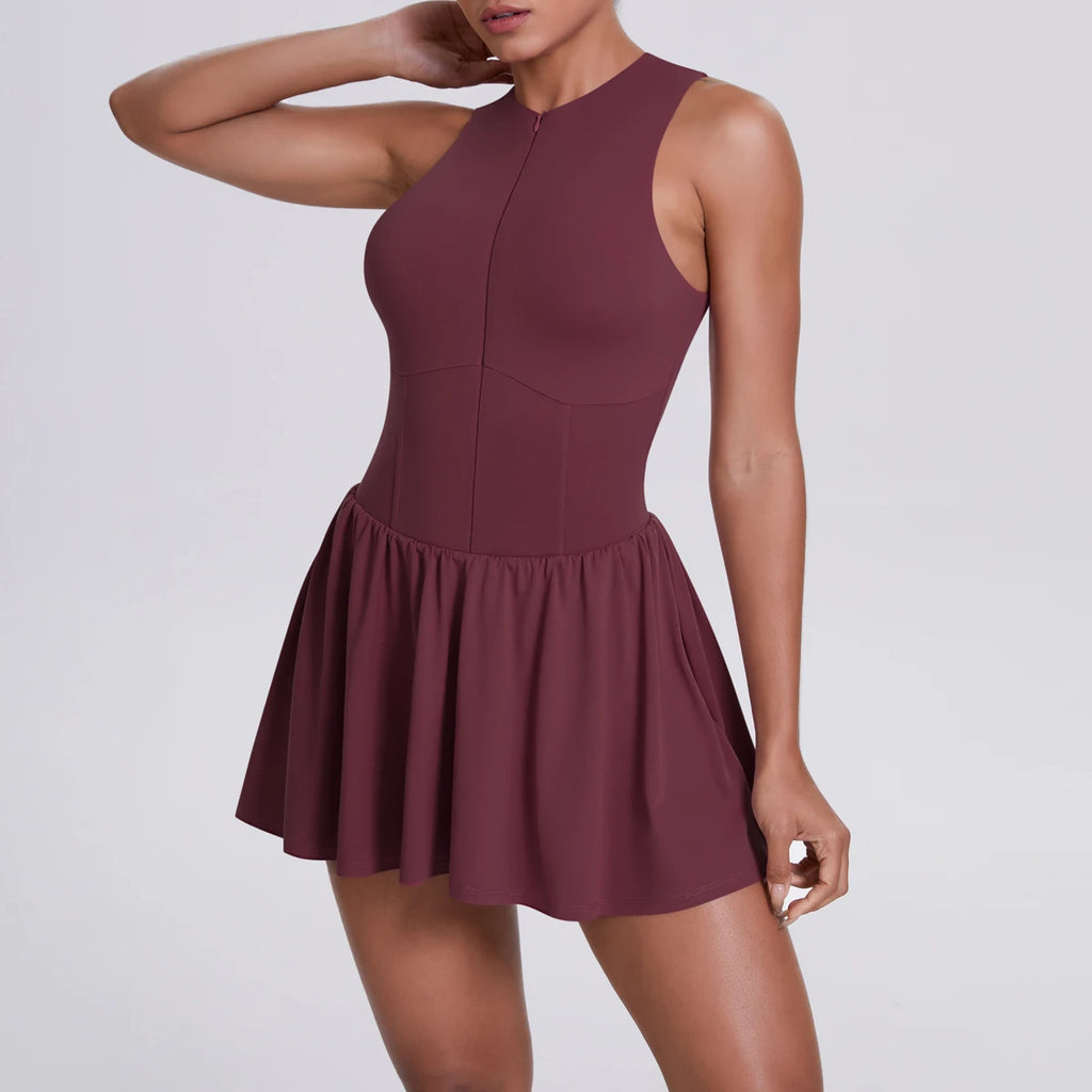 Women's High Quality Sleeveless Tennis Dress with Zippered Skirt Outdoor Running and Sliding Straps