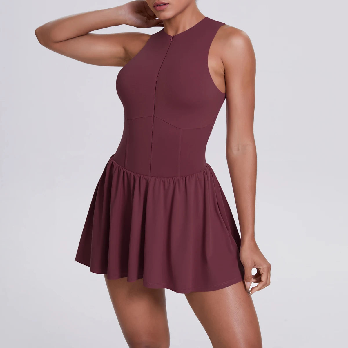 Women's High Quality Sleeveless Tennis Dress with Zippered Skirt Outdoor Running and Sliding Straps