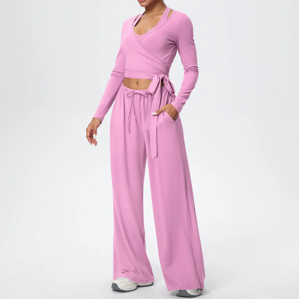 Women Yoga 3 Piece Set Halter Crop Top Wide Leg Pants Long Sleeve Top Activewear Workout Outfits Lounge Sports Gym Clothing