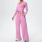 Women Yoga 3 Piece Set Halter Crop Top Wide Leg Pants Long Sleeve Top Activewear Workout Outfits Lounge Sports Gym Clothing