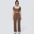 Wholesale Halter Neck Yoga Set Women Short Sleeve Sports Top Padded Naked Feeling Wide Leg Pants Fitness Set