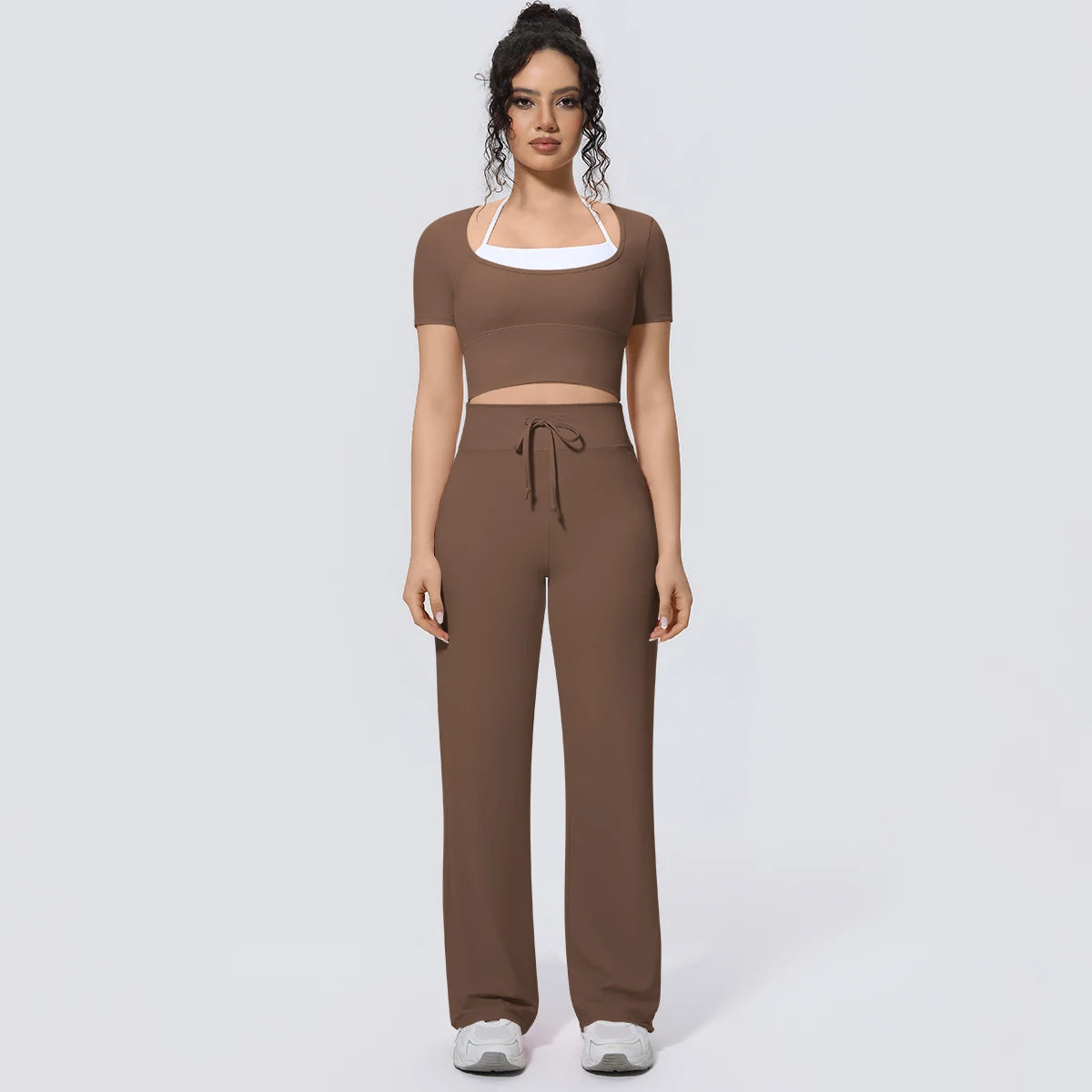 Wholesale Halter Neck Yoga Set Women Short Sleeve Sports Top Padded Naked Feeling Wide Leg Pants Fitness Set