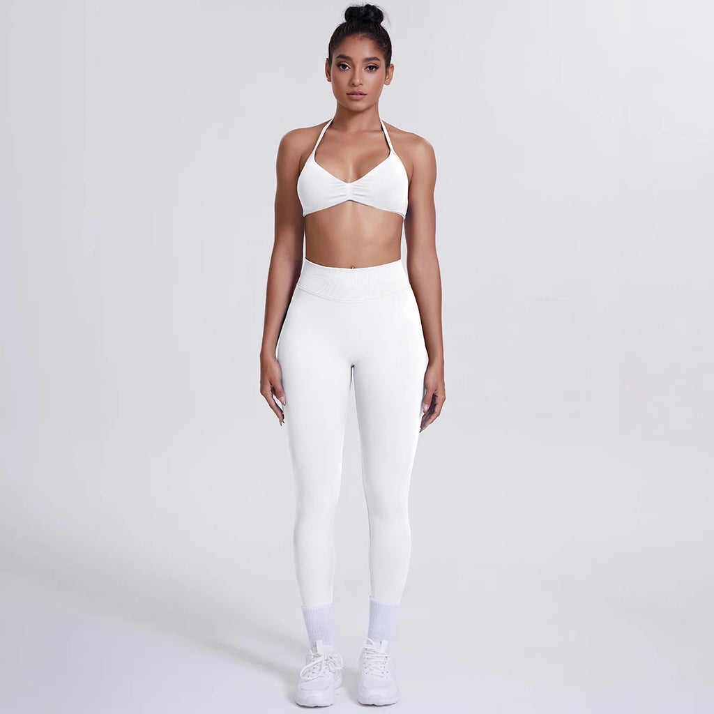 Women's Custom Front Logo Sports Bra Workout Leggings Set High Elastic Gym Fitness Seamless Breathable Eco-Friendly Lightweight