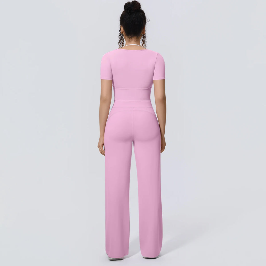 Wholesale Halter Neck Yoga Set Women Short Sleeve Sports Top Padded Naked Feeling Wide Leg Pants Fitness Set
