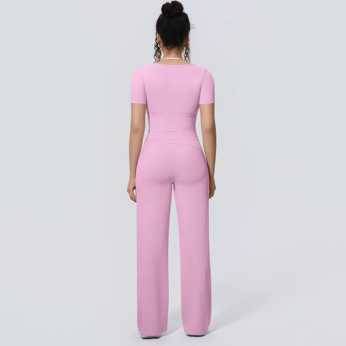 Wholesale Halter Neck Yoga Set Women Short Sleeve Sports Top Padded Naked Feeling Wide Leg Pants Fitness Set