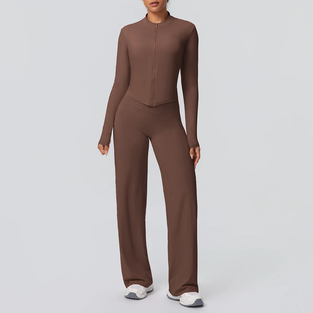 Custom Logo Premium High Stretch Long Sleeve Yoga Set Women Solid Color 2 Piece Gym Workout Activewear Sets