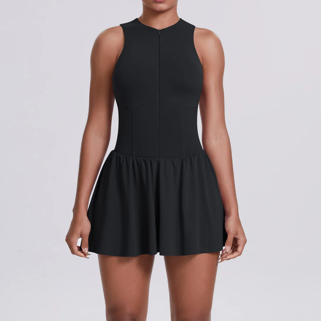 Women's High Quality Sleeveless Tennis Dress with Zippered Skirt Outdoor Running and Sliding Straps