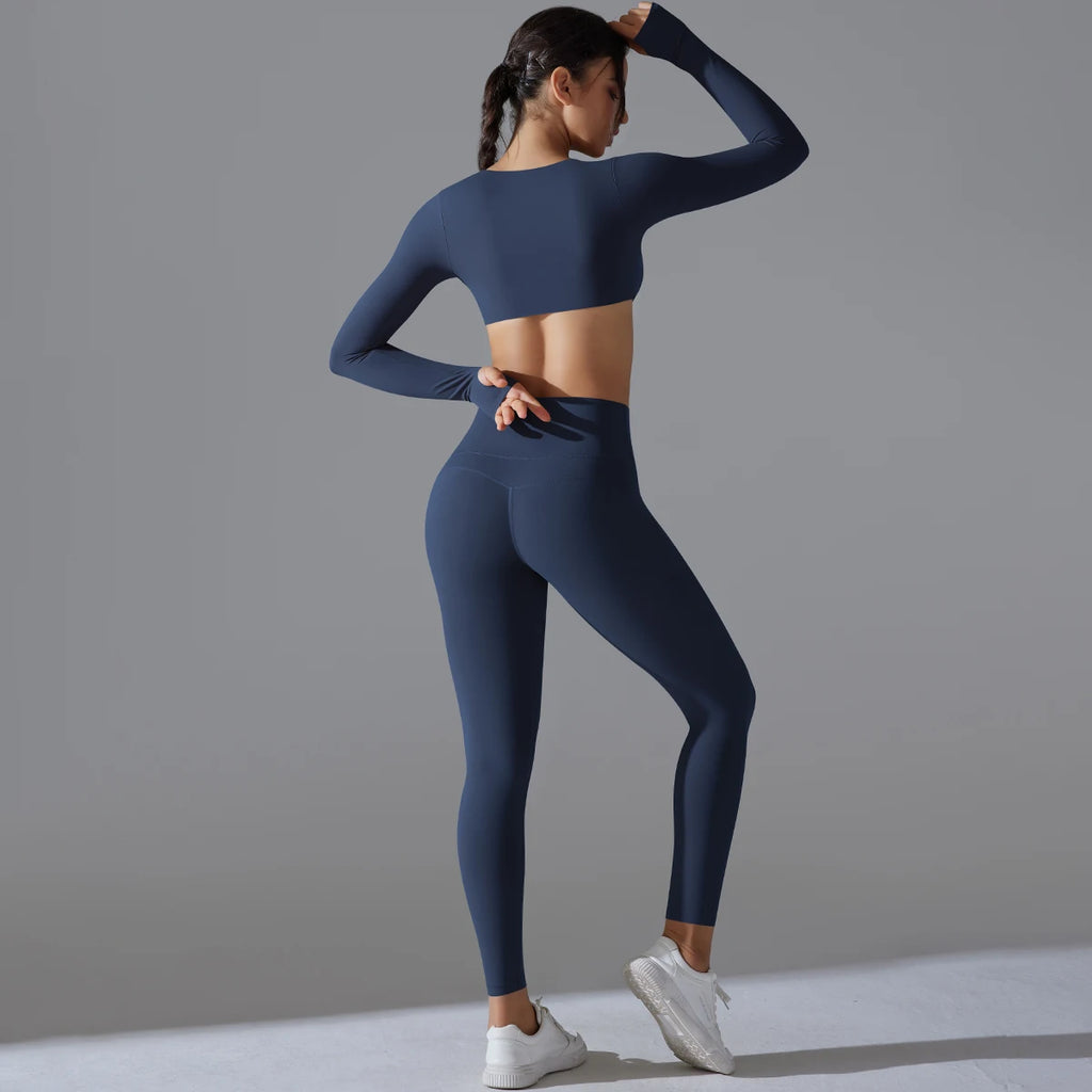 Women Long Sleeves Workout Outfit Sports Wear Push up Yoga Suits Scrunch Leggings Yoga Set Gym Fitness Set Run Clothes Tracksuit