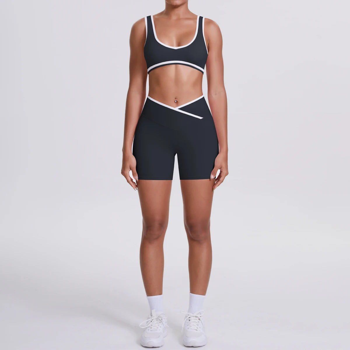 High Quality Cross High Waist Shorts Sports Yoga Bra Set Contrasting Sports Bra Tight Yoga Pants Two Piece Set for Ladies