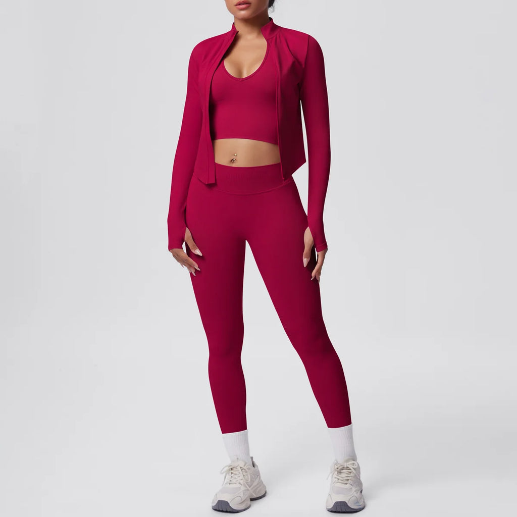 2026 Women's Seamless 3 Piece Yoga Set Breathable Quick Dry Tight Fit High Waist Full Zip up Workout Yoga Wear Gym Fitness Sets
