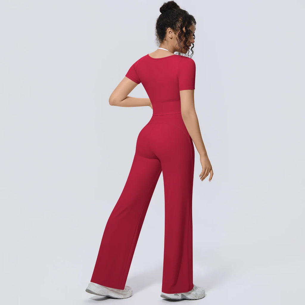 Wholesale Halter Neck Yoga Set Women Short Sleeve Sports Top Padded Naked Feeling Wide Leg Pants Fitness Set