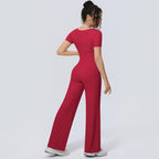 Wholesale Halter Neck Yoga Set Women Short Sleeve Sports Top Padded Naked Feeling Wide Leg Pants Fitness Set
