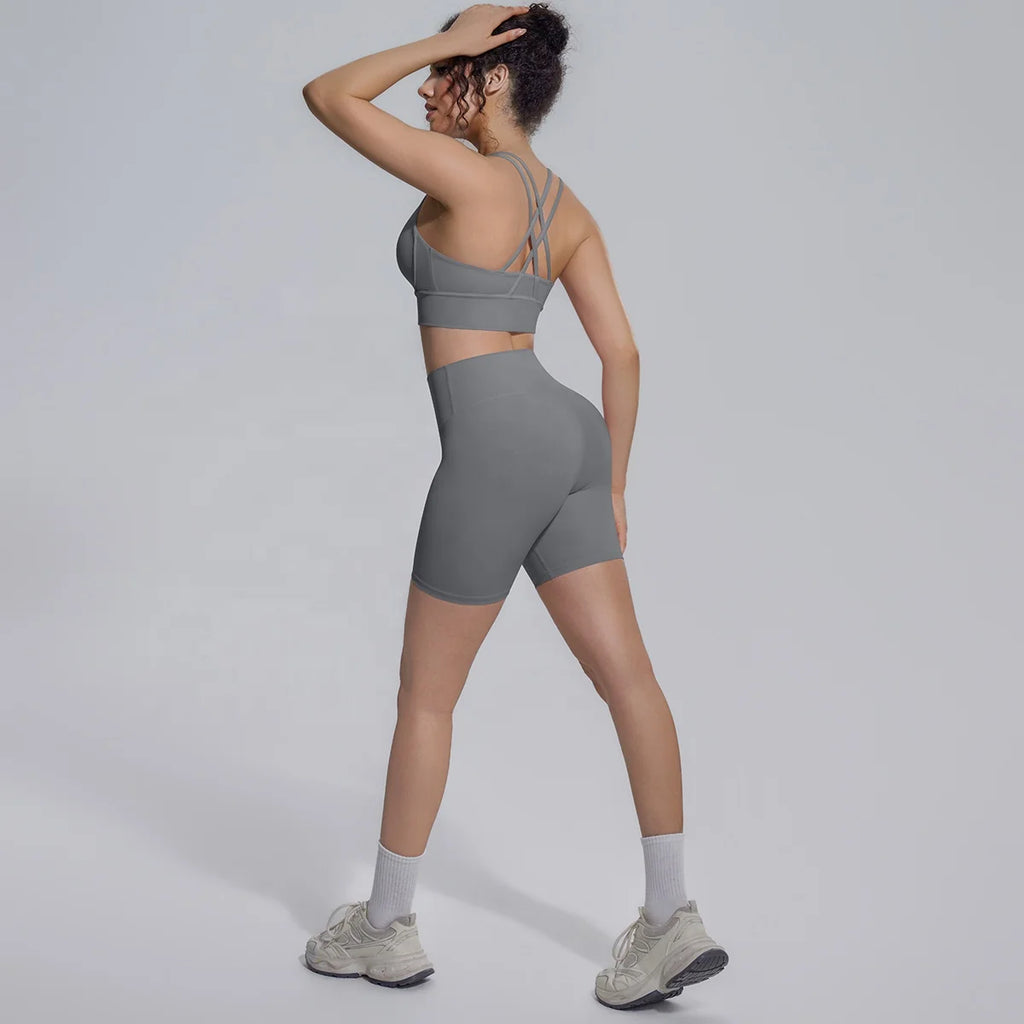 Seamless Yoga Set 2 Piece Women High Waist Leggings Shorts Sports Bra Fitness  Running Sportswear Workout Clothes