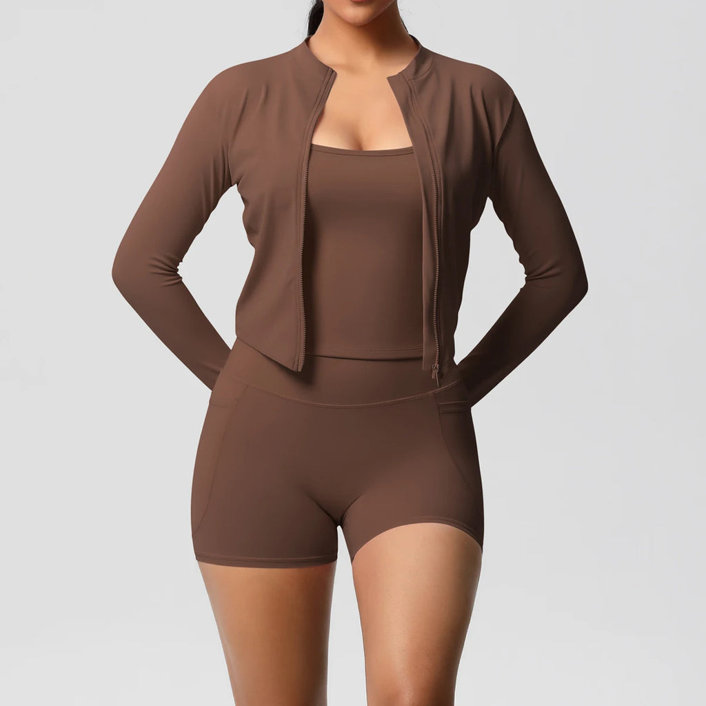 Wholesale Custom High Quality Women's Activewear Lightweight Breathable 3-Piece Yoga Set Long Sleeve Pants Butt Lift Casual Sets