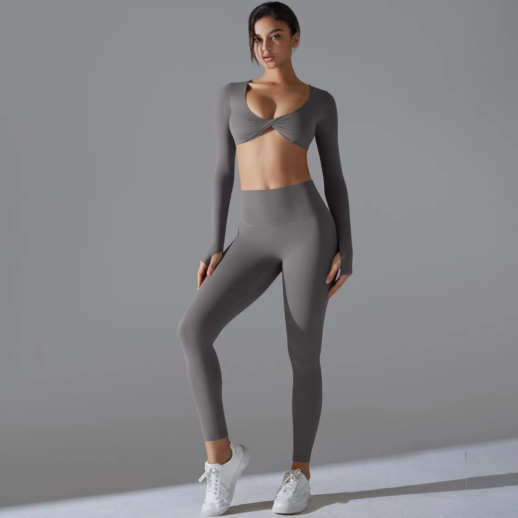 Women Long Sleeves Workout Outfit Sports Wear Push up Yoga Suits Scrunch Leggings Yoga Set Gym Fitness Set Run Clothes Tracksuit