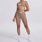 High Quality Cross High Waist Shorts Sports Yoga Bra Set Contrasting Sports Bra Tight Yoga Pants Two Piece Set for Ladies