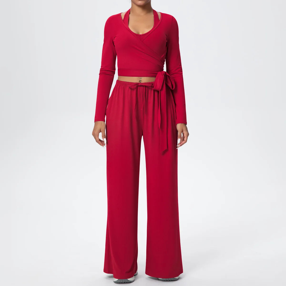 Women Yoga 3 Piece Set Halter Crop Top Wide Leg Pants Long Sleeve Top Activewear Workout Outfits Lounge Sports Gym Clothing