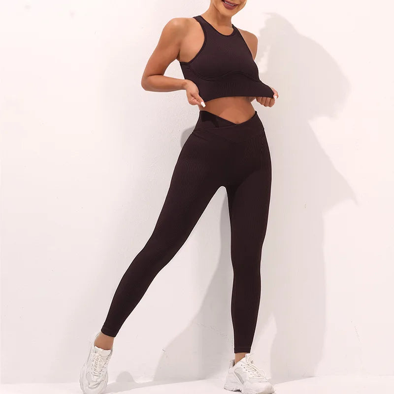2024 New Design Ribbed Yoga Set Gym Fitness Bra Leggings Set Custom Logo Active Wear