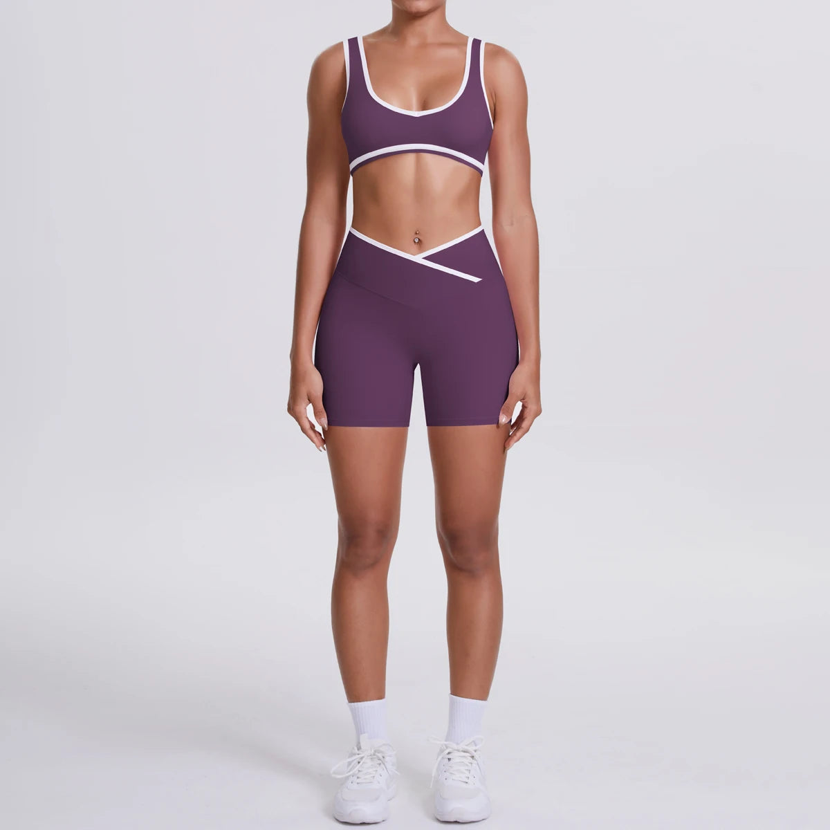 High Quality Cross High Waist Shorts Sports Yoga Bra Set Contrasting Sports Bra Tight Yoga Pants Two Piece Set for Ladies