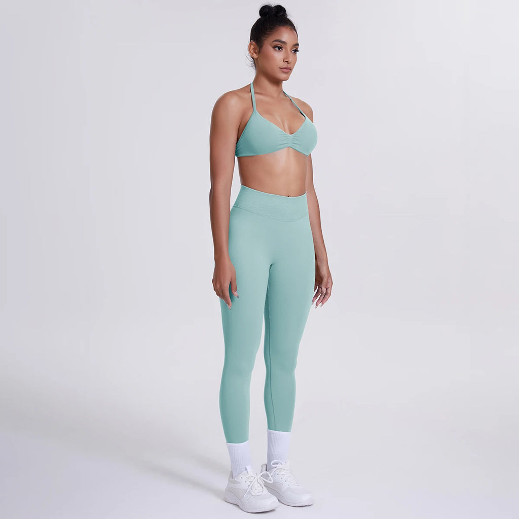 Women's Custom Front Logo Sports Bra Workout Leggings Set High Elastic Gym Fitness Seamless Breathable Eco-Friendly Lightweight