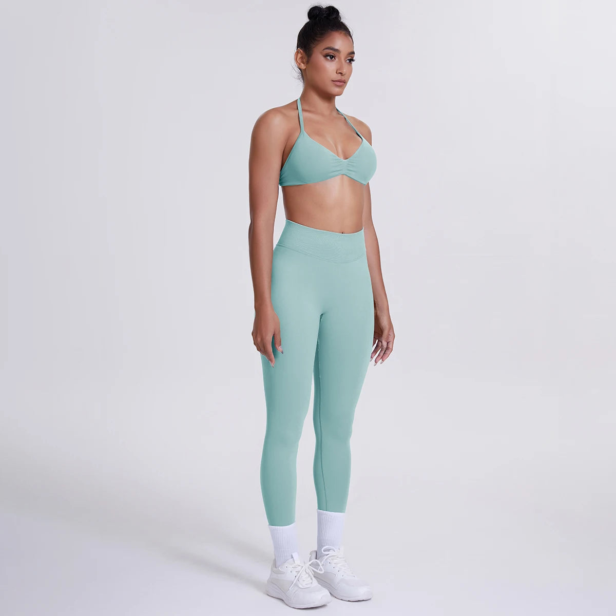 Women's Custom Front Logo Sports Bra Workout Leggings Set High Elastic Gym Fitness Seamless Breathable Eco-Friendly Lightweight