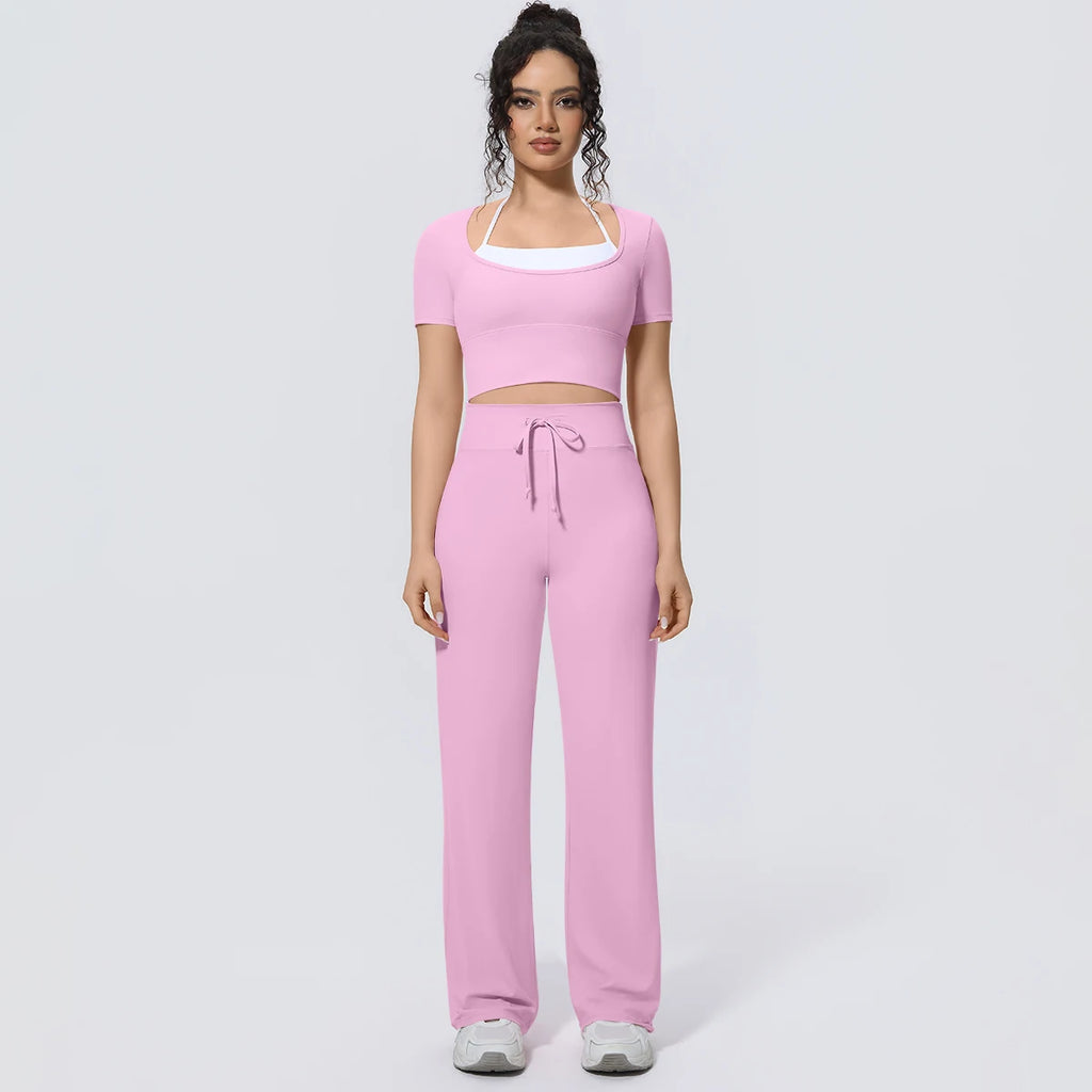Wholesale Halter Neck Yoga Set Women Short Sleeve Sports Top Padded Naked Feeling Wide Leg Pants Fitness Set
