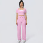 Wholesale Halter Neck Yoga Set Women Short Sleeve Sports Top Padded Naked Feeling Wide Leg Pants Fitness Set
