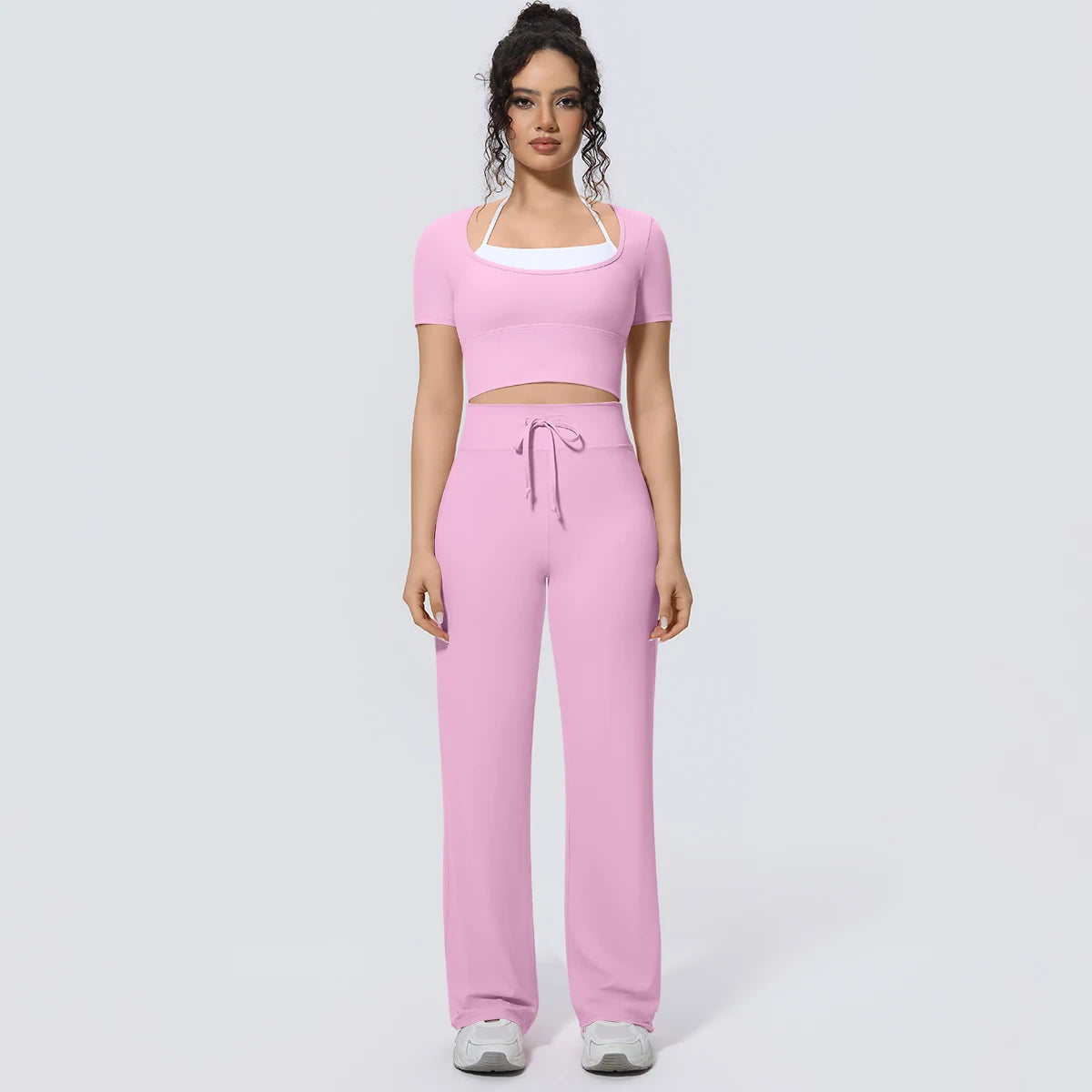 Wholesale Halter Neck Yoga Set Women Short Sleeve Sports Top Padded Naked Feeling Wide Leg Pants Fitness Set