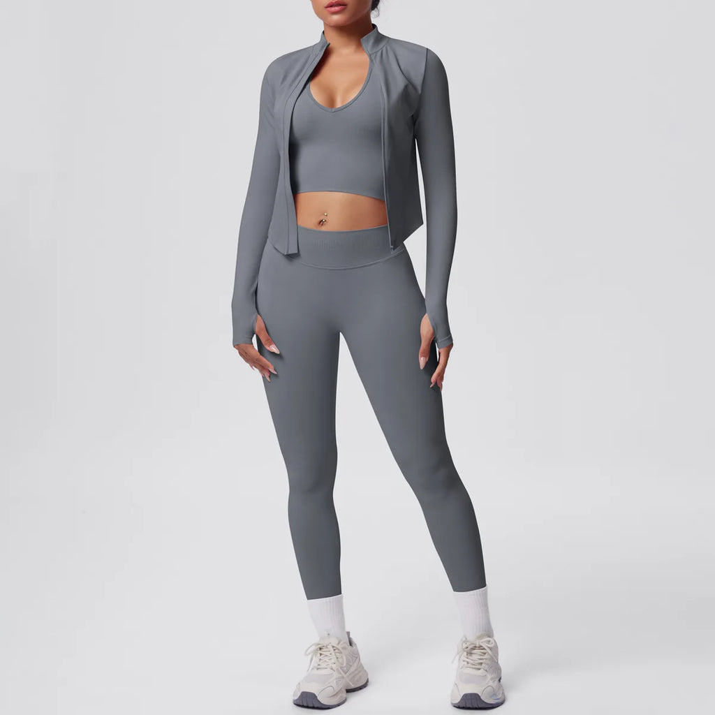2026 Women's Seamless 3 Piece Yoga Set Breathable Quick Dry Tight Fit High Waist Full Zip up Workout Yoga Wear Gym Fitness Sets