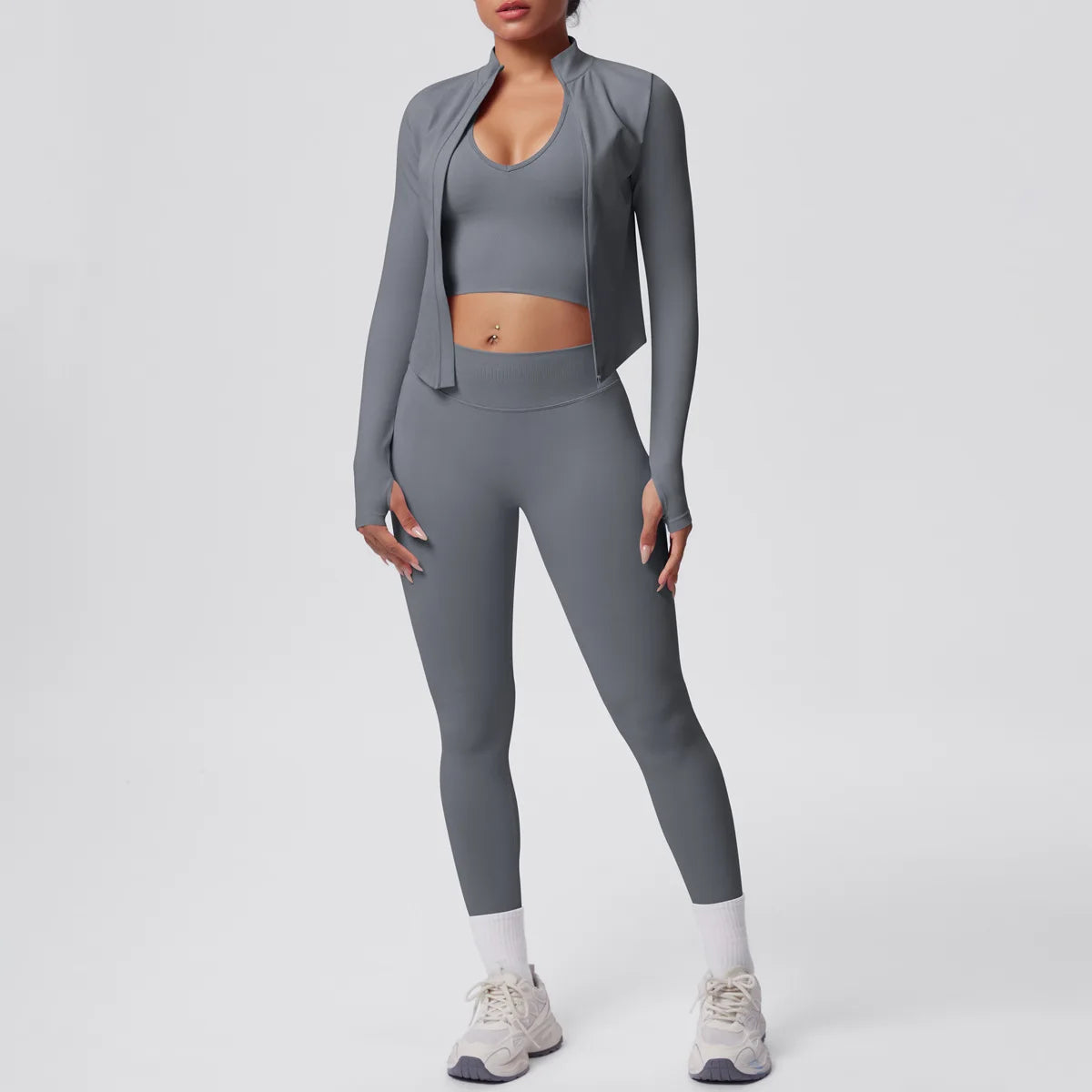 2026 Women's Seamless 3 Piece Yoga Set Breathable Quick Dry Tight Fit High Waist Full Zip up Workout Yoga Wear Gym Fitness Sets