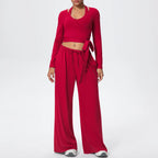 Women Yoga 3 Piece Set Halter Crop Top Wide Leg Pants Long Sleeve Top Activewear Workout Outfits Lounge Sports Gym Clothing