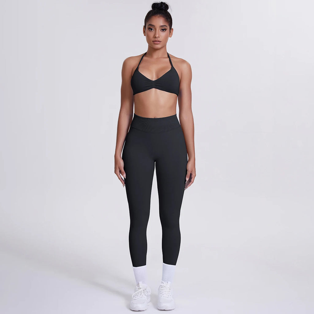 Women's Custom Front Logo Sports Bra Workout Leggings Set High Elastic Gym Fitness Seamless Breathable Eco-Friendly Lightweight