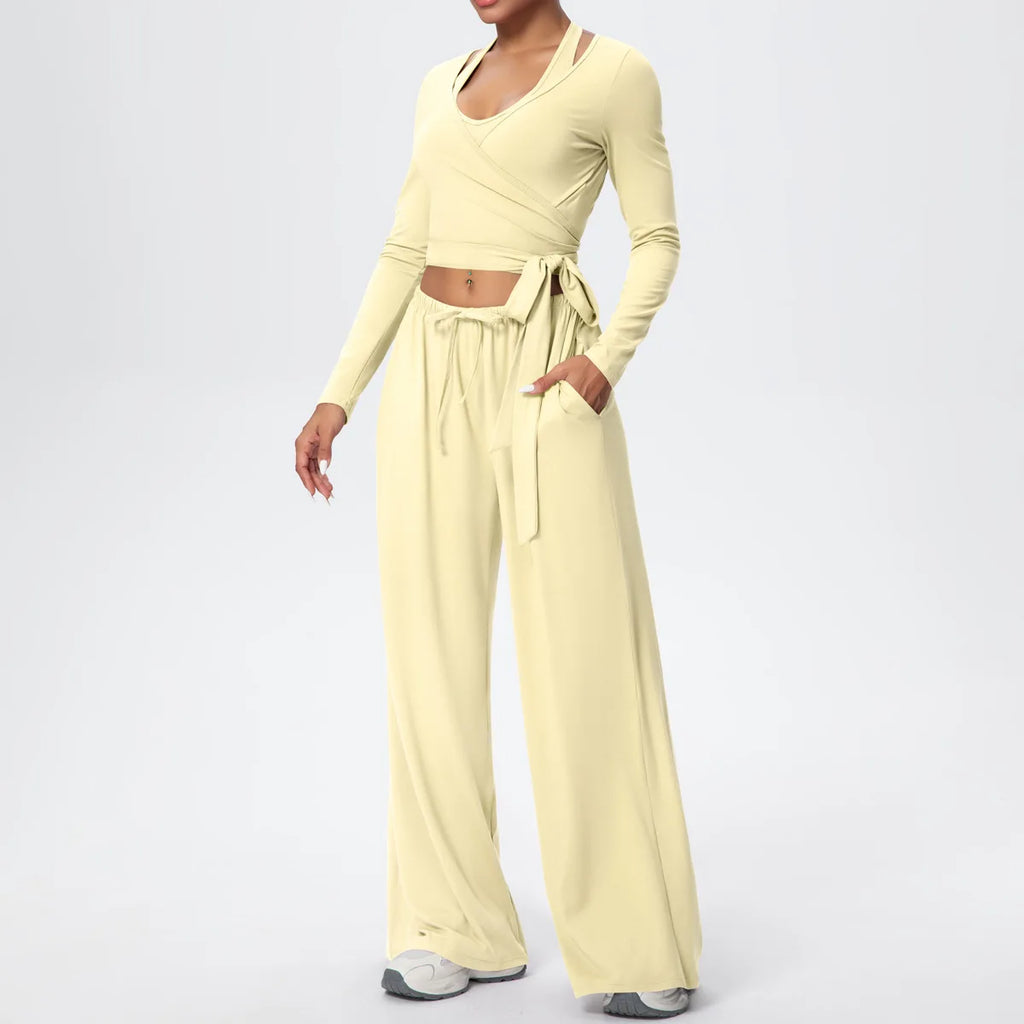 Women Yoga 3 Piece Set Halter Crop Top Wide Leg Pants Long Sleeve Top Activewear Workout Outfits Lounge Sports Gym Clothing