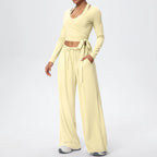 Women Yoga 3 Piece Set Halter Crop Top Wide Leg Pants Long Sleeve Top Activewear Workout Outfits Lounge Sports Gym Clothing