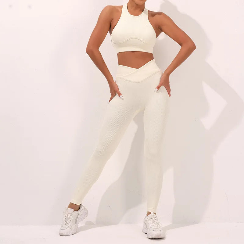 2024 New Design Ribbed Yoga Set Gym Fitness Bra Leggings Set Custom Logo Active Wear